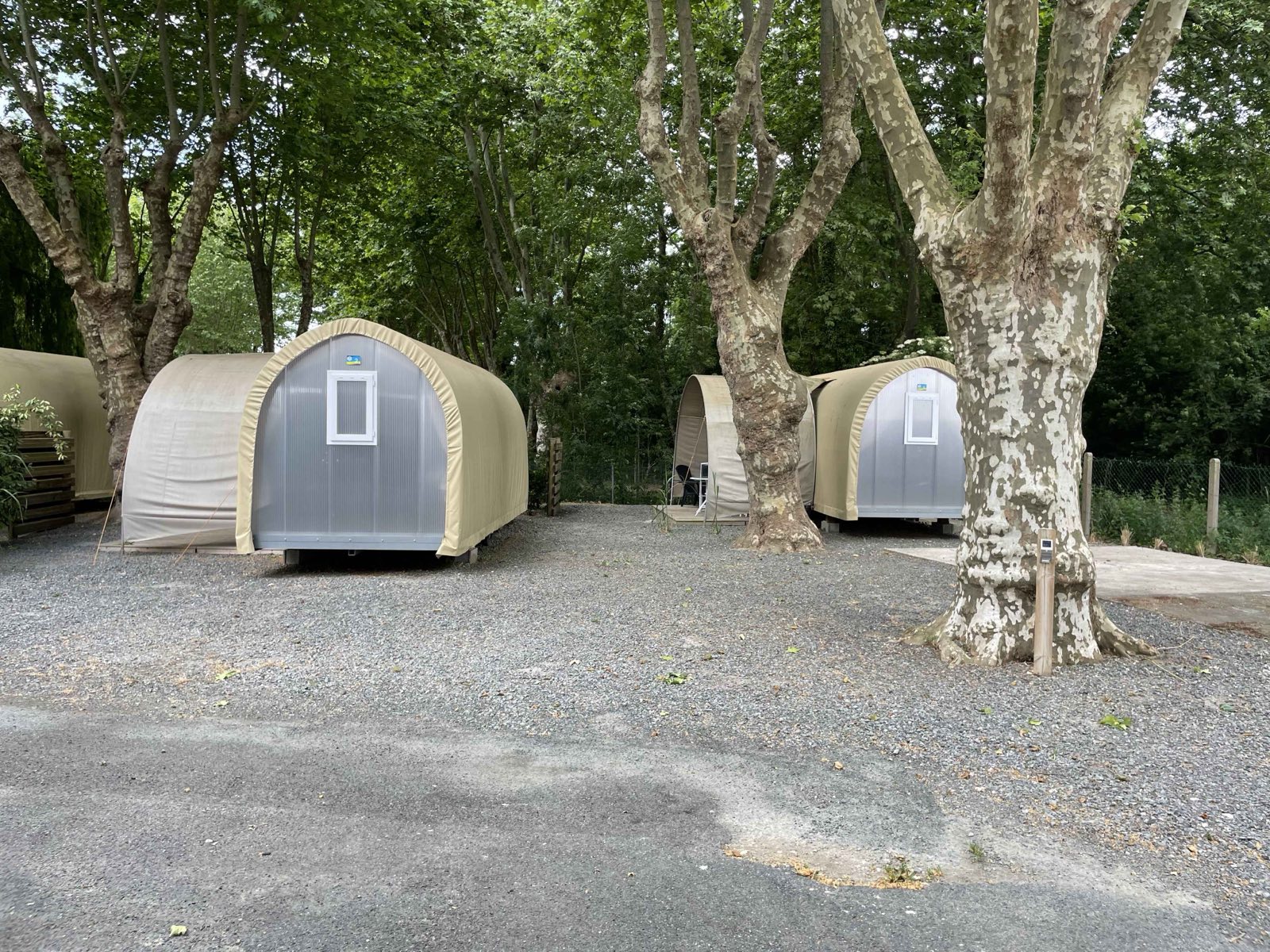 Tentes lodges (habitations légères de loisirs) sous les platanes d'un camping communal expertisé