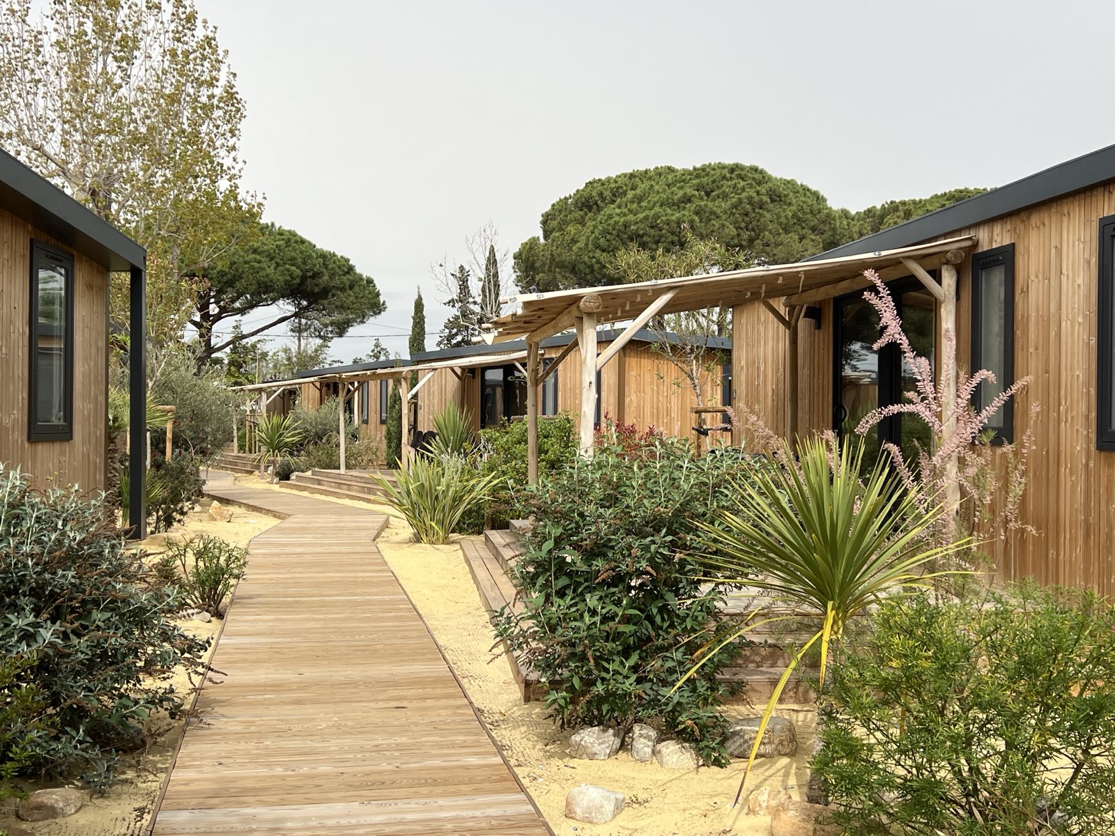 Lodges bois le long d'un cheminement paysager — hébergements locatifs évalués lors d'une expertise de camping
